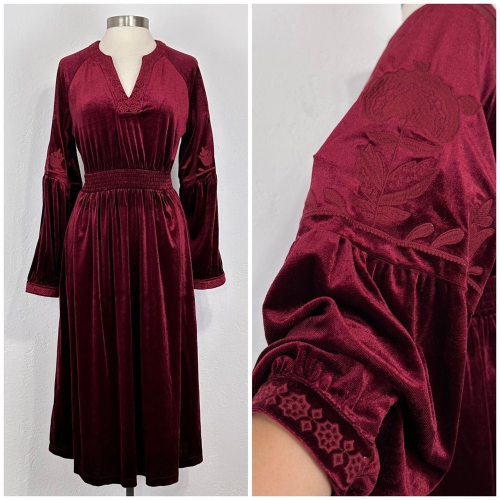 Whimsigoth Dark Romantic Velvet Dress Small Burgundy Floral Embroidered V-Neck